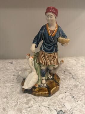 Vintage Nanjing Porcelain Figurine Man Feeding Geese 8.5"